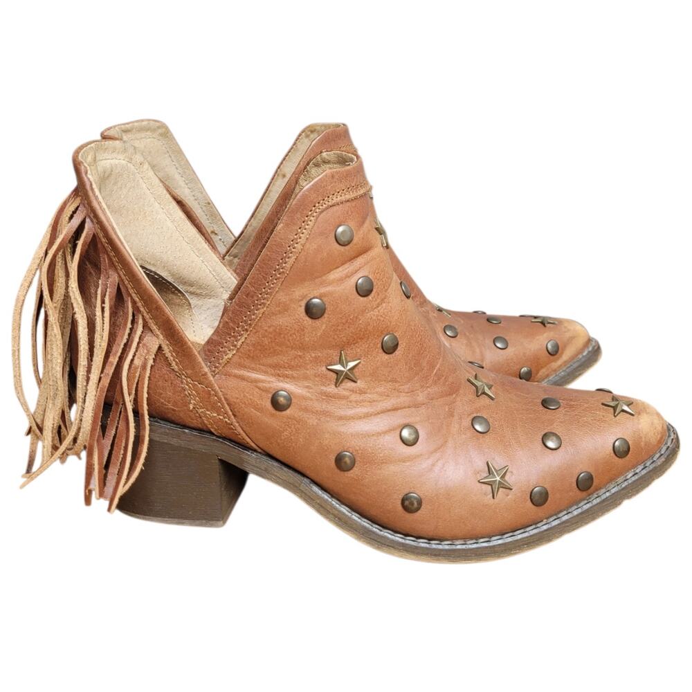Circle G Corral Brown Leather Studded Star Fringe Western Ankle Boots Size 7.5